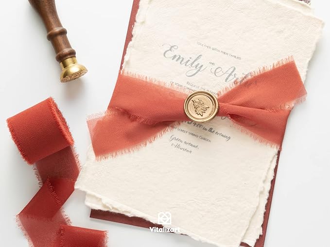 Vitalizart Fall Handmade Chiffon Silk Ribbon Fringe 1.5" x 21 Yd Terracotta Frayed Edges Ribbons for Wedding Invitations Bridal Bouquets Gifts Wrapping Crafts Holiday Party Decorations