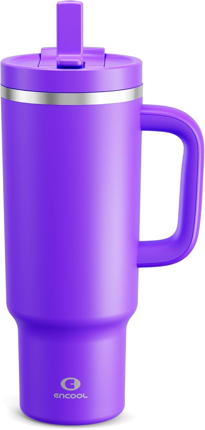 40 oz Tumbler with Handle and Straw: Stainless Steel Insulated Tumbler Keeps Cold for 24 Hours, Leakproof Travel Cup Fits in Cup Holder and BPA-Free, Violet