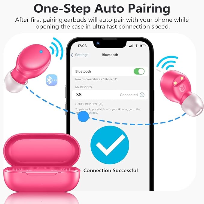 MOZOTER S8 Mini Wireless Earbuds Bluetooth 5.3 in Ear Light-Weight Headphones,60Hrs Playtime Ear Buds with Charging Case,Bluetooth Headsets,Premium Sound with Deep Bass for Sport-Barbiee Pink