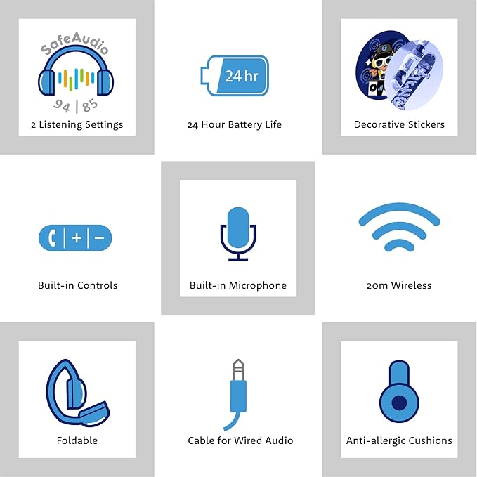 BuddyPhones POP Fun | Foldable Bluetooth Kids Headphones + Microphone, Works Wired or Wireless - SafeAudio Volume Limiting for iPhone/iPad/Tablet/PC and More (Blue)