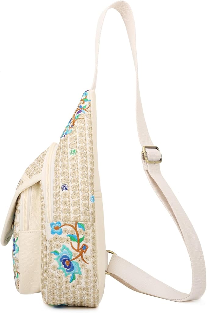 SILKAREA Vintage Canvas Small Sling Bag for Women's Chest Purses Handbag Crossbody Bag Boho Embroidered Backpack Purse (Beige Blue)