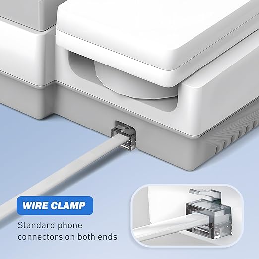 Phone Extension Cord 50 Ft, Telephone Cable with 1 in-Line Couplers and 20 Cable Clip Holders and Standard RJ11 Plug, White