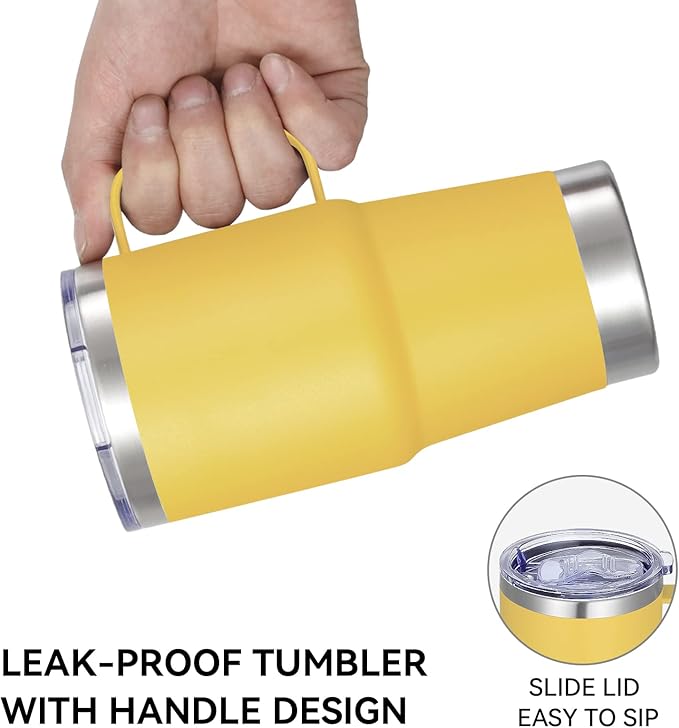 VEGOND 20 oz Tumbler Bulk with Handle Lid and Straw, Stainless Steel Insulated Travel Coffee Mug Set, Spill Proof Double Wall Metal Tumblers Cups, Yellow 6 Pack