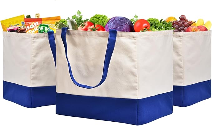 3 Pack Canvas Reusable Grocery Bags Heavy Duty, 8.3 gal Foldable Large Canvas Tote Bag with Handles, Holds 60 lbs Canvas Shopping Bags & Washable Eco-friendly Bags with 5 Pockets, Blue+Off White