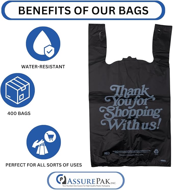 Black 'Thank You' HDPE T-Shirt Bags with Handles - 400 Bags – 1/5 BBL Size 13"x10"x23" – 21 Microns – Thank You Shopping Bags for Retail, Takeout, Restaurant Supplies