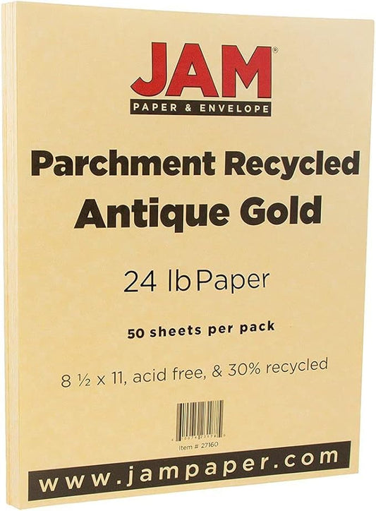 JAM PAPER Parchment 24lb Paper - 90 gsm - 8.5 x 11 - Antique Gold Recycled - 50 Sheets/Pack
