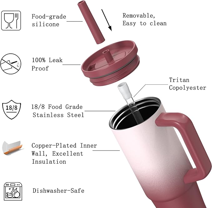 TILUCK 30 oz Tumbler with Handle, Vacuum Insulated Stainless Steel Travel Mug with 100% Leak-Proof Silicone Straw Lid, Cupholder Friendly Water Bottle(BurgundyGradient, 30oz)