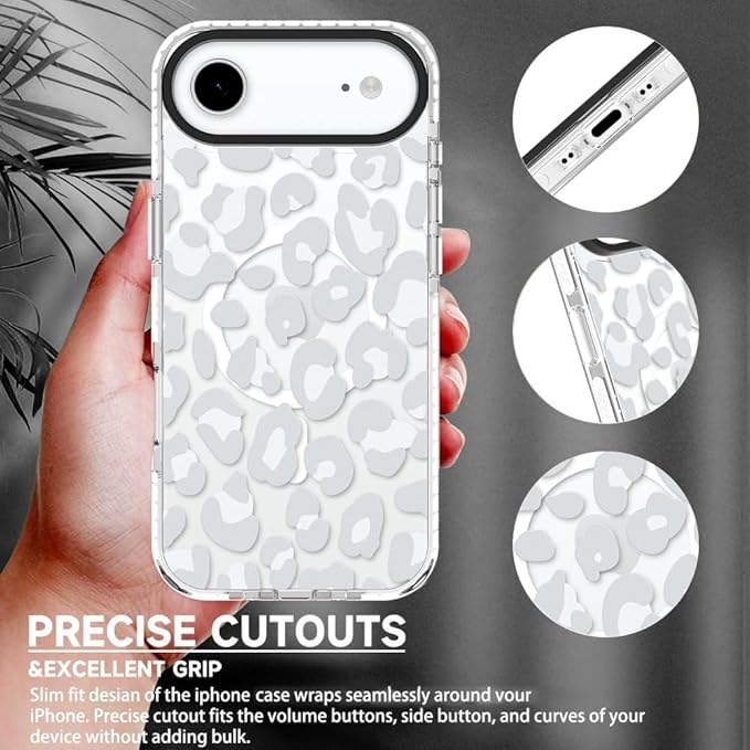 SAKUULO Magnetic for iPhone Air Case with Screen Protector [Compatible with MagSafe] Light Gray Leopard Print Pattern Wireless Charge Strengthen Protection Cover Light Gray Leopard (6.7")