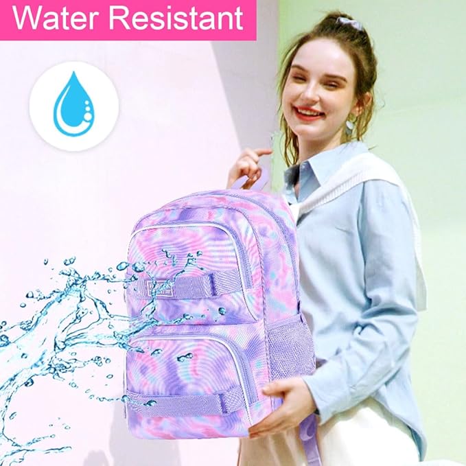 17 Inches Backpack for Girls Women, 3Pcs Tie-dye College School Bookbag Set for Teens Students, Water Resistant Laptop Backpacks with Lunch Bag(Purple)