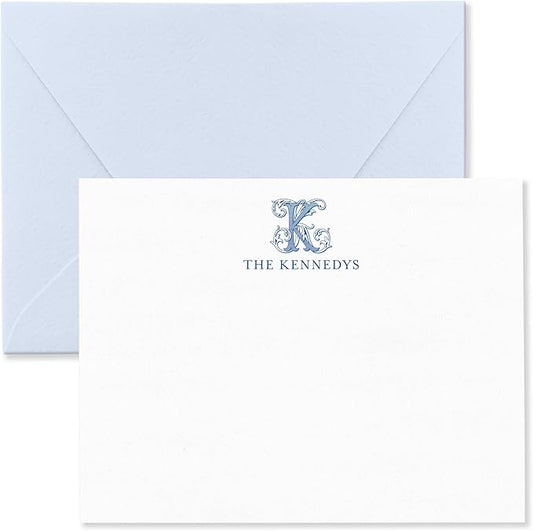 Classic 1 Letter Monogram Note Card and Envelope Stationery Set, Traditional Monogrammed Personalized Stationary in Choice of Set Size and Colors (Monogram with Name Below)