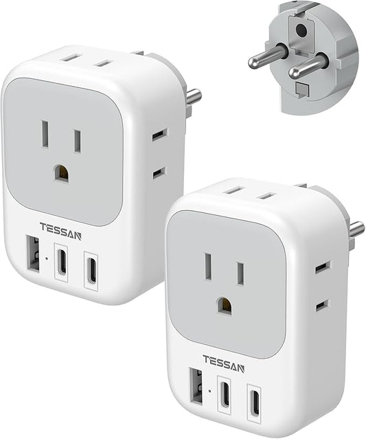 TESSAN 2 Pack Type E F Plug Adapter (2 USB-C), France Spain South Korea Power Adapter with 4 Outlets 3 USB, European Travel Adaptor for US to Germany Iceland Greece Portugal