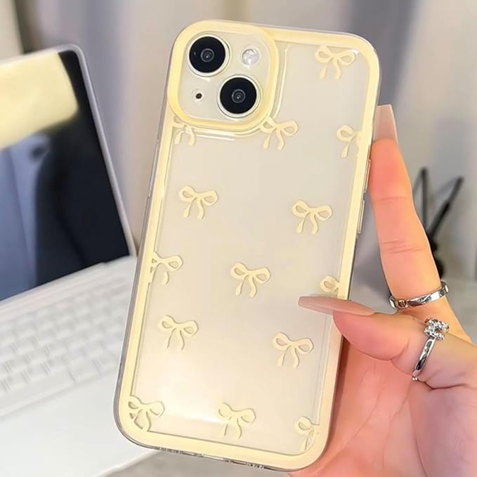 EYZUTAK Case for iPhone 15, Clear Cute Ribbon Bowknot Pattern Aesthetic Transparent Phone Case Raised Camera Protection Stylish Slim Soft Durable TPU Protective Cover for Women Girls - Yellow