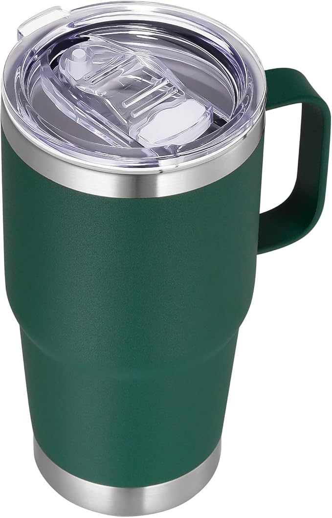 VEGOND 20 oz Tumbler with Handle Lid and Straw, Stainless Steel Insulated Travel Coffee Mug Spill Proof Double Wall Metal Tumbler Cup Keeps Drink Hot and Cold, Dark Green 1 Pack