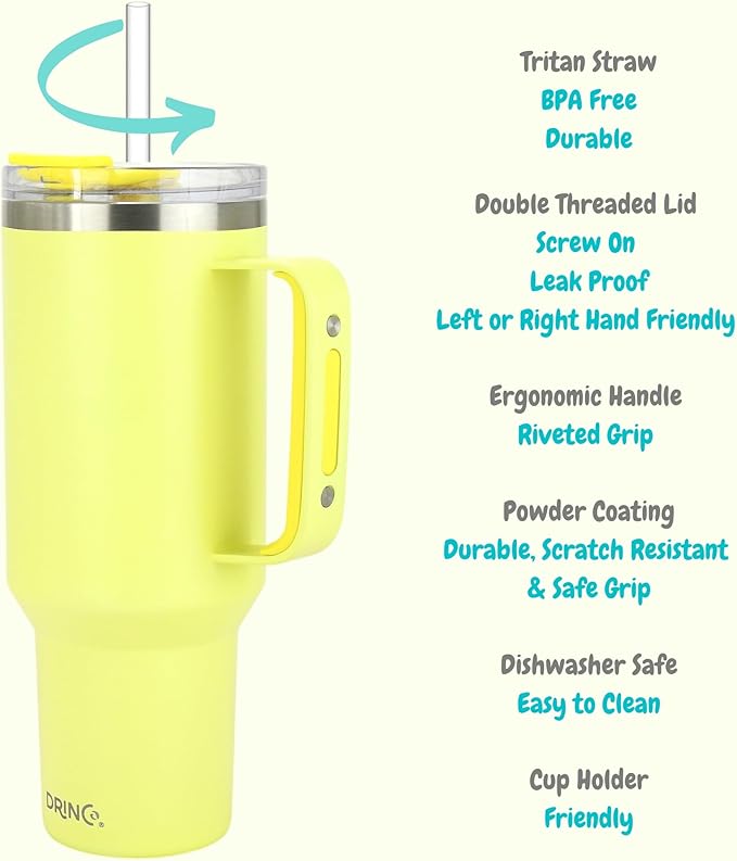 Drinco 40oz 30 oz Tumbler with Handle, Straw Lid, Insulated Stainless Steel Travel Mug Water Bottle Ice Coffee Cup For Cold and Hot, BigSur (40oz, Lemon)