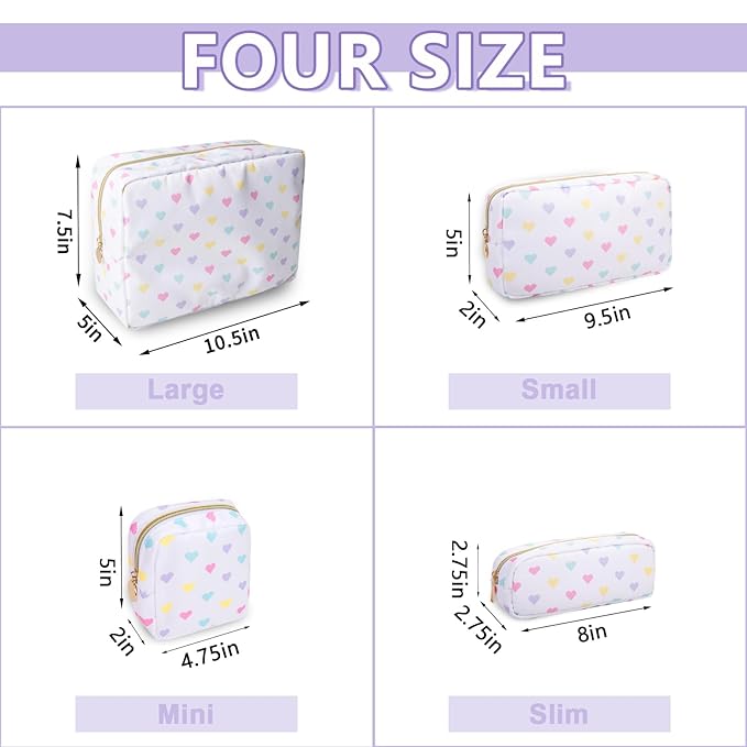 Small Pencil Case Makeup Bag for Purse, Cute Pencil Pouch Nylon Preppy Makeup Brush Bag with Zipper, Girls Portable Stationery Storage Case for Office School College(Slim-White Heart)