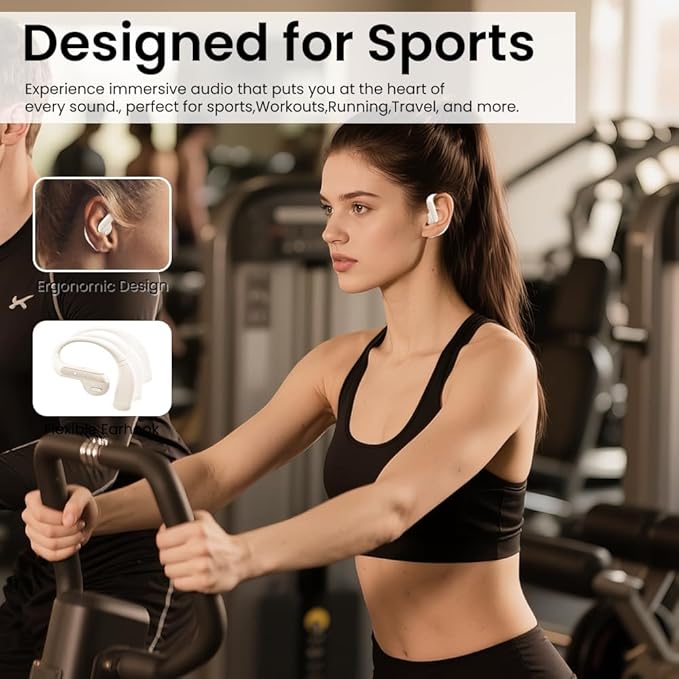 Wireless Earbuds Bluetooth Headphone Sport, 2025 Bluetooth Earbuds Stereo Deep Bass Over Ear Bud with Earhooks, ENC Noise Cancelling Mic Earphone, Waterprooffor Workout/Running-Off White
