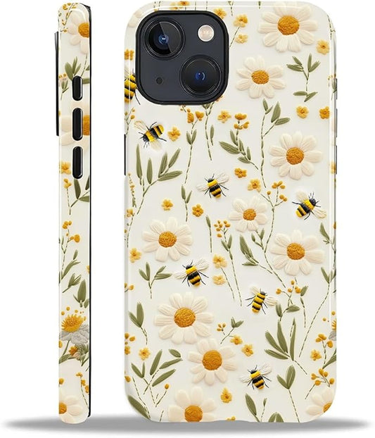 Case for iPhone 13 iPhone 14 Case,Bees Sunflowers Design - Hybrid Dual Protection Silicone + Hard PC Shockproof Full Body Cover Slim Anti-Scratch Protective Case for Men Women
