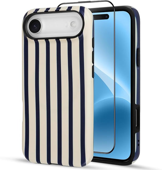 SOKAD Magnetic Vertical Stripes Phone Case for iPhone Air, Cute Navy Blue Striped Line Pattern Compatible with Magsafe Matte Protective Case Cover with Screen Protector for Girls Women