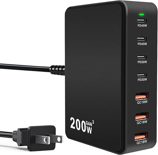 USB C Charger Block 200W 7 Port Fast Charging Station, PD 45W Laptop Charger Brick Adapter Compatible with MacBook Pro/Air,DELL,Steam Deck,iPhone 16/15/14,Galaxy S23/22 (Black)
