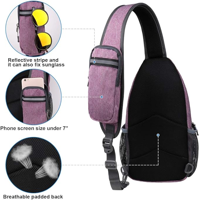 WATERFLY Crossbody Sling Backpack Sling Bag Travel Hiking Chest Bag Daypack (Purple)