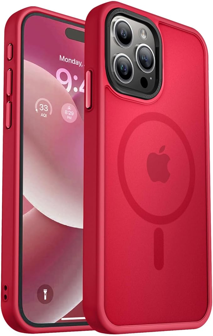 MOCCA Strong Magnetic for iPhone 15 Pro Max Case, [Compatible with Magsafe][13FT Military Drop Protection] Slim Translucent Matte Shockproof Case for iPhone 15 ProMax Case 6.7'', Red