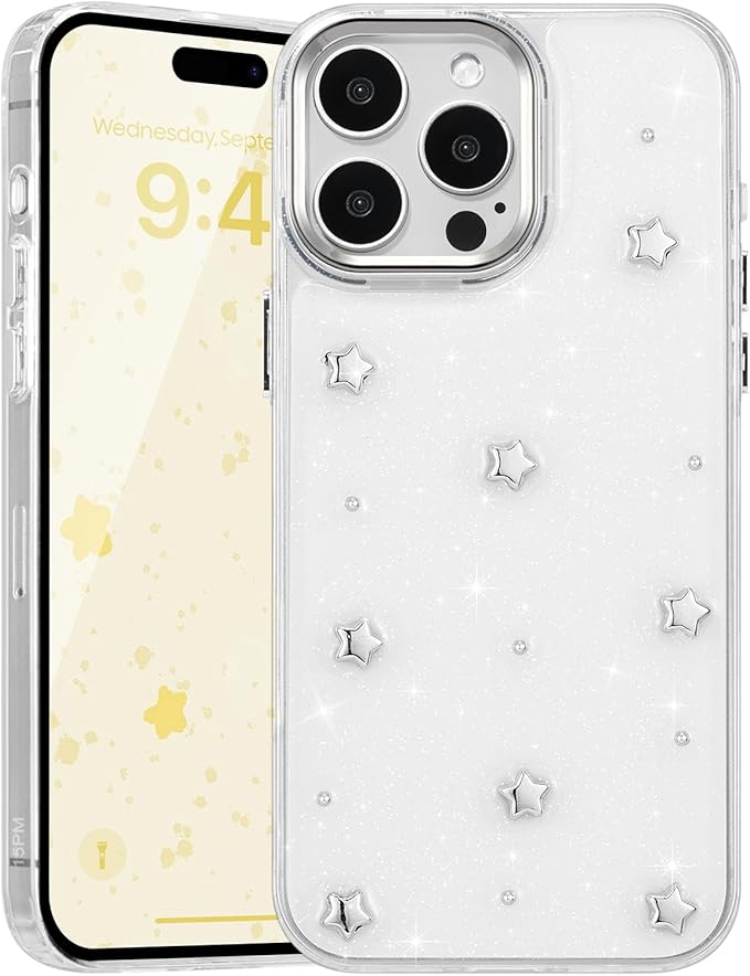 EYZUTAK Case for iPhone 15 Pro Max, Bling Glitter 3D Stars Phone Case Cute Sparkly Crystal Clear Star Aesthetic Design Case Slim Soft Durable TPU Transparent Protective Cover for Women Girls - Star
