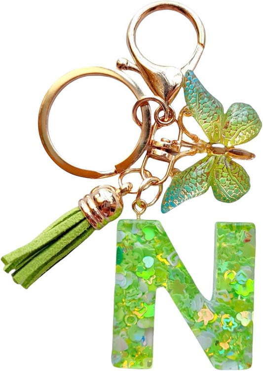 Cute Initial Letter Keychains for Women Girls Tassel Butterfly Pink Purple Green Keychain for Backpack School Bag