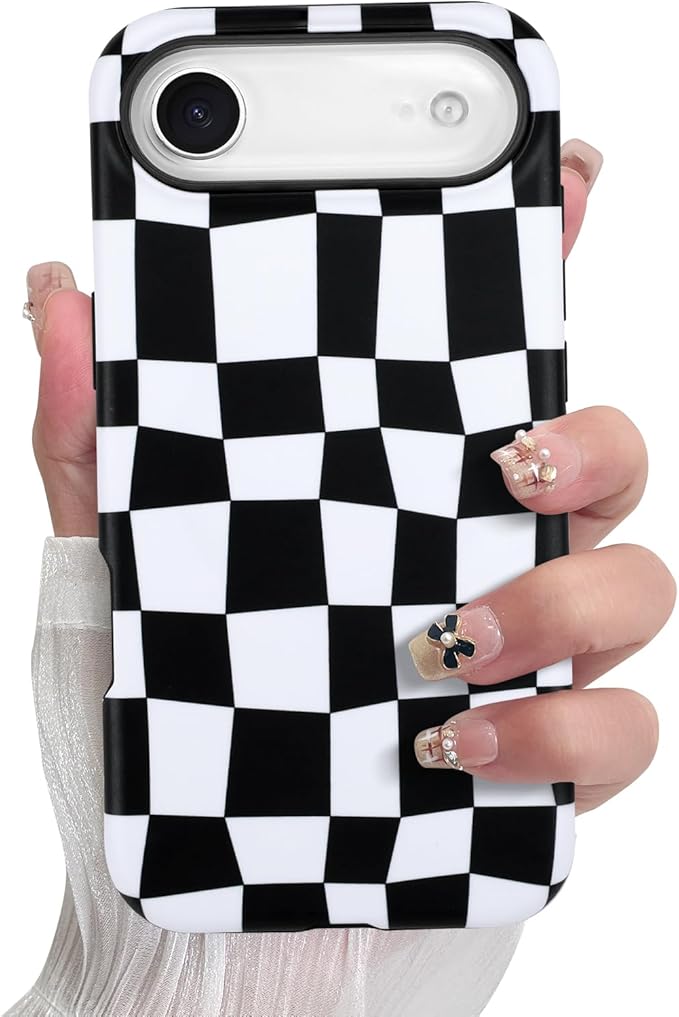 SOKAD Magnetic Checkered Phone Case for iPhone Air, Cute Grids Plaid Checkerboard Pattern Compatible with Magsafe Matte Protective Case Cover with Screen Protector for Girls Women, Black & White