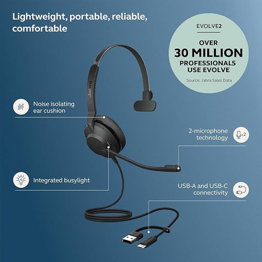 Jabra Evolve2 30 SE (2025 Version) Wired Single-Ear Headset with Microphone for Work – Computer Headset - New USB-A and USB-C Cable - Works with All Online Meeting Platforms - Black