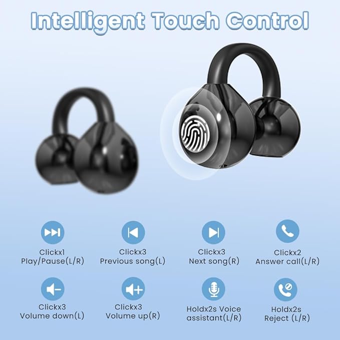 Clip on Earbuds Open Ear Wireless Bluetooth 5.4 Headphones with Mic,60H Play,Noise Cancelling,Waterproof,Sports Ear Buds,Comfortable for Small Ears & Glasses Wearers,Workouts (Black)