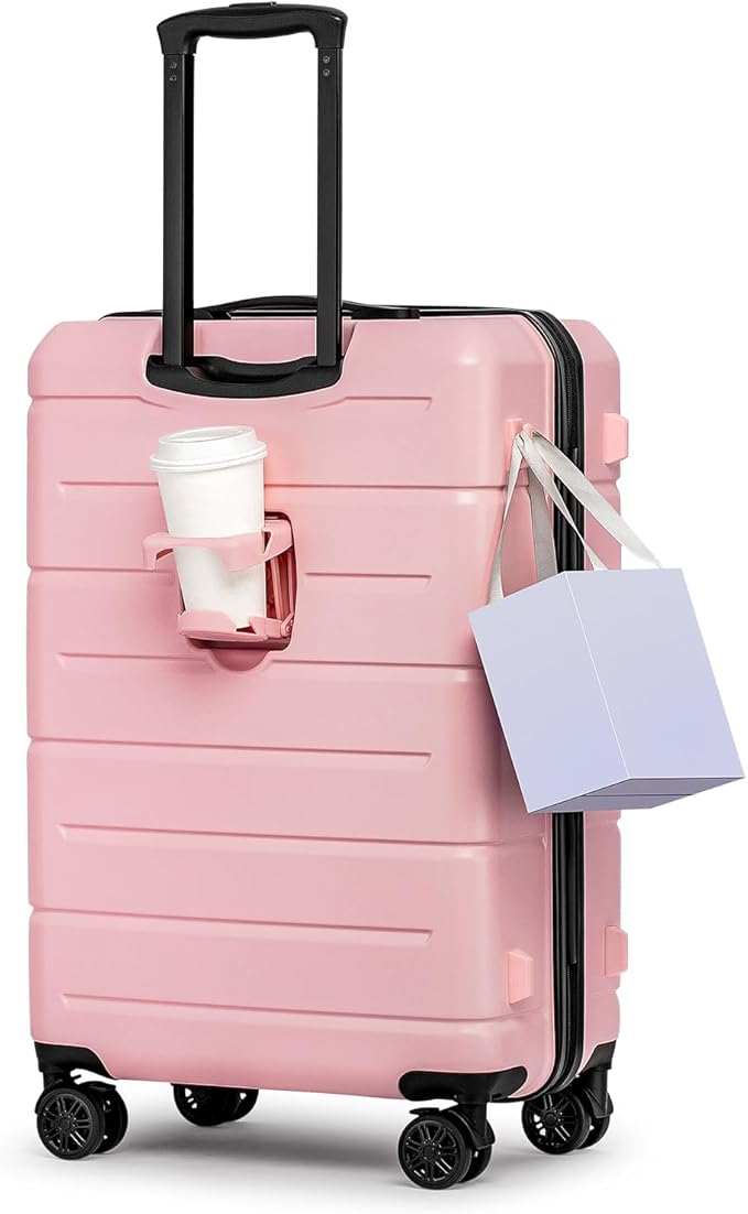 KYME 26 Inch Luggage TSA Approved Hard Shell Suitcases with Spinner Wheels Durable Medium Travel Checked Luggage with Cup Holder for Women Men Pink