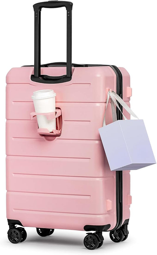 KYME 26 Inch Luggage TSA Approved Hard Shell Suitcases with Spinner Wheels Durable Medium Travel Checked Luggage with Cup Holder for Women Men Pink