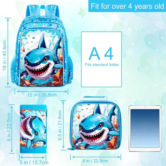 CCJPX 3PCS Shark Backpack for Boys, 16 Inch Kids Water Resistant Preschool Bookbags, Cool Kindergarten School Backpacks and Lunch Box