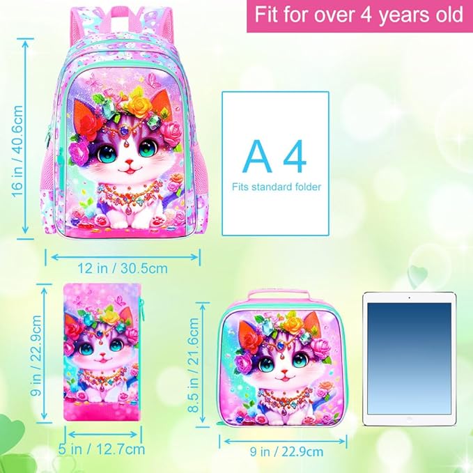 3Pcs Cat Backpack for Girls, 16" Kids School Backpacks with Lunch Box, Bookbag for Elementary Preschool Kindergarten(Pink)