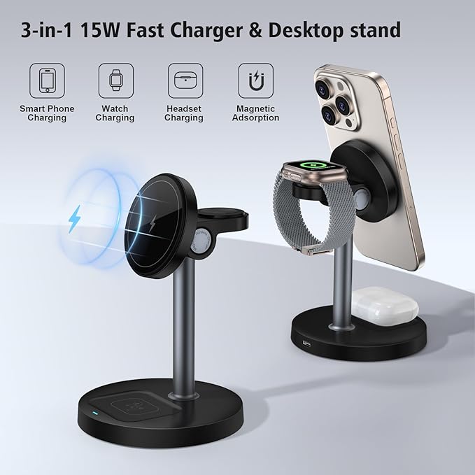 3 in 1 Wireless Charging Station for Multiple Devices, 15W Fast Magnetic Wireless Charger Stand with Adjustable Angle, Compatible with iPhone12-16 Series, Apple Watch, AirPods - Gifts for Men &Women