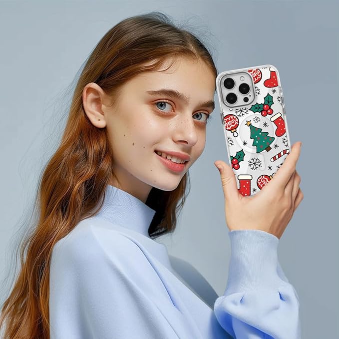 DAIZAG Case for iPhone 13 Pro Max, [Compatible with MagSafe],Phone Case for Women Girls Magnetic Clear Cover,Christmas Tree Socks Red