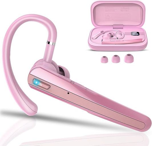 Bluetooth Headset V5.3, Wireless Earpiece with Dual ENC Noise Canceling Mic, 120H Hand-Free Talk Single-Ear Bluetooth Earpiece with LED Display, IP7 Waterproof Headphones for Trucker, Pink