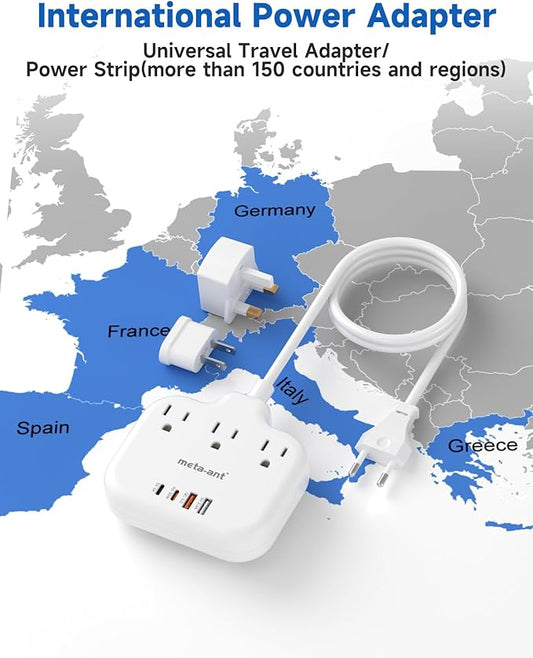 PD30W European Travel Plug Adapter, International Power Strip with 3 Outlets 4 USB Ports(2 USB-C), Universal Travel Adapter with 5ft Extension Cord for EU US UK Europe France Spain