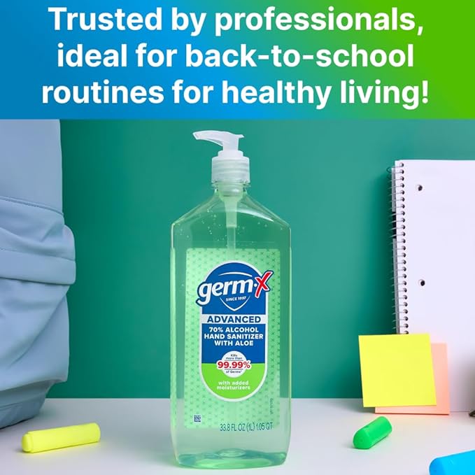 Germ-X Advanced Hand Sanitizer with Aloe and Vitamin E, Non-Drying Moisturizing Gel, Instant and No Rinse Formula, Pump Bottle, Back to School Supplies, 1 Liter