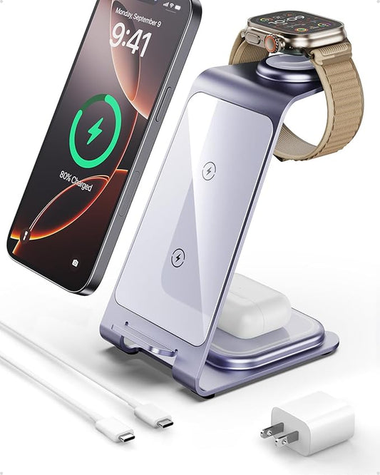 Intoval 3 in 1 Wireless Charging Station for iPhone 16 15 14 13 12 11 X Pro Max, Wireless Charger for Apple Watch Ultra 3 SE 9 8 7 6 5 4 3 2, for AirPods 4 Pro Pro 2 3 (Y93, Lavender)