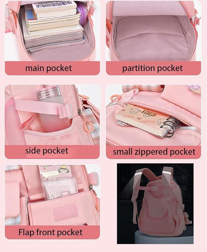 Girl Backpack for School Kids, Pink Cute Bookbag with Lunch Box Rainbow Elementary School Bag Pencil Case (Purple,3Pcs Set)