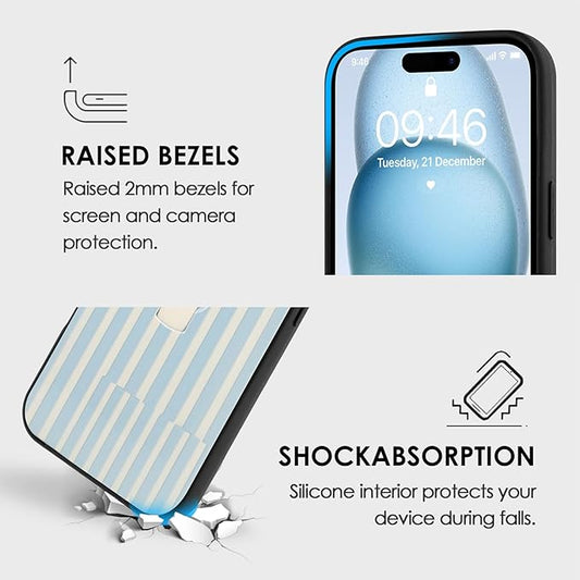 Compatible with iPhone 15 Case with Finger Hand Strap Kickstand, Trendy Cool Striped Phone Case for Women Men, Full Camera Protection Shockproof Protective Cover, White and Blue Stripes