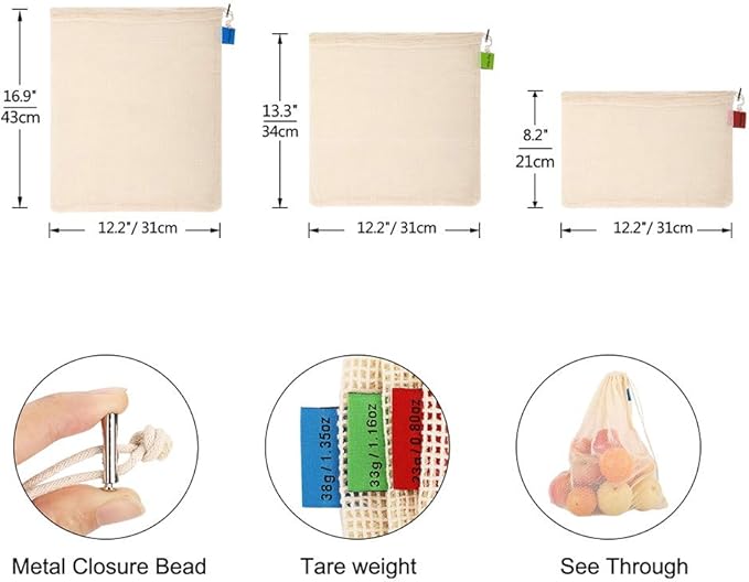 KerKoor Reusable-Cotton-Mesh-Produce-shopping-Bags-Washable Eco Friendly Premium See Through Lightweight Net zero Bulk Bags for Veggie Fruit Vegetable Grocery Storage (9 Packs)