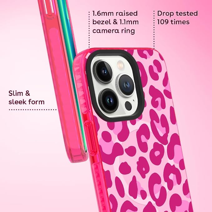 SAKUULO Magnetic for iPhone 13 Pro Case Hot Pink Leopard Print Pattern [Compatible with MagSafe] Wireless Charge Strengthen Protection Cover, Hot Pink Leopard (6.1")