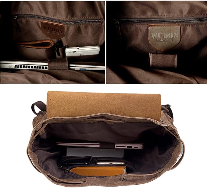 WUDON Leather Backpack for Men, Waxed Canvas Shoulder Rucksack Carry-On Travel Backpack