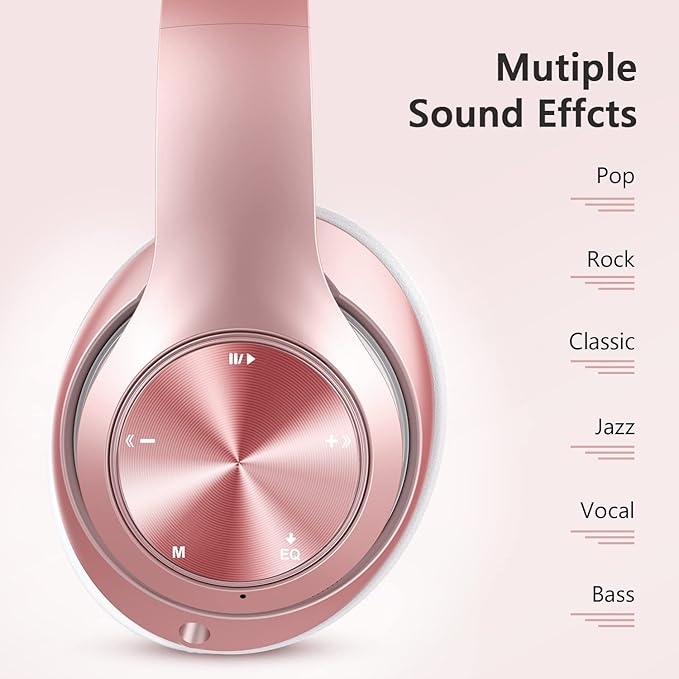 9S Over Ear Bluetooth Headphones, 60 Hours Playtime, Hi-Fi Stereo, Deep Bass, Microphone, Foldable, Rose Gold
