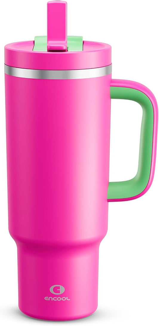 40 oz Tumbler with Handle and Straw: Stainless Steel Insulated Tumbler Keeps Cold for 24 Hours, Leakproof Travel Cup Fits in Cup Holder and BPA-Free, Knockout Pink