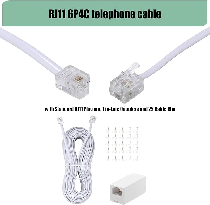 Long Telephone Extension Cord Phone Cable Line Wire, with Standard RJ11 Plug and 1 in-Line Couplers and 25 Cable Clip Holders-White (50feet)