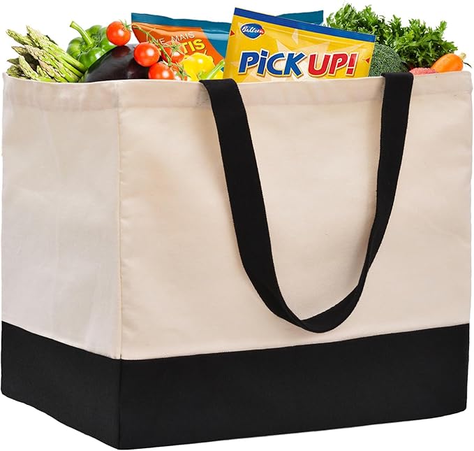 Heavy Duty Canvas Reusable Grocery Bags - 8.3 Gal Foldable Large Tote with Handles, Holds 60 lbs & Washable Eco-friendly Bags with 5 Pockets, Off White Black