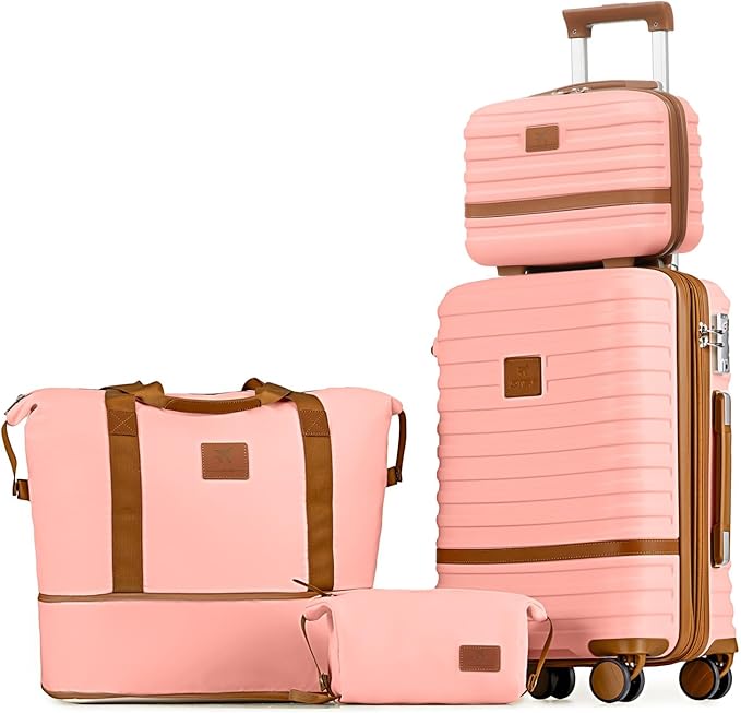 Joyway Carry On Luggage 20 Inch Expandable Suitcase with Spinner Wheel, 4 Piece Hard Shell Luggage Set with TSA Lock(Pink brown)